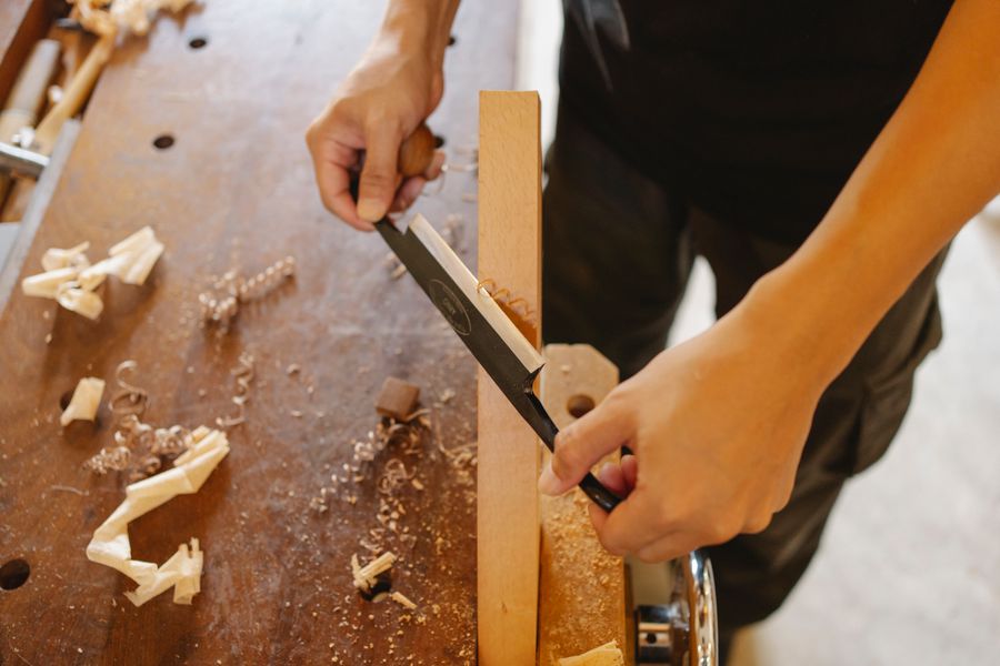 Wood being measured and cut for a carpentry project